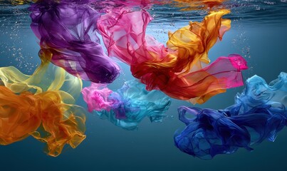 Obraz premium Colorful textile fragments drift gracefully beneath the surface