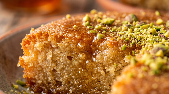 Extreme macro close up of a traditional semolina cake soaked in sweet honey syrup and topped with crushed green pistachio nuts served on a rustic plate for a delicious dessert