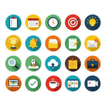 Flat design productivity and goal achievement icon set with time management symbols