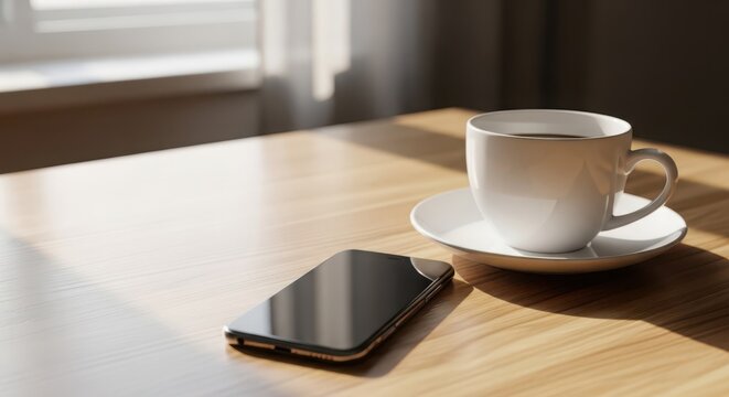 A modern smartphone rests beside a white coffee cup and saucer on a wooden table, illuminated by soft natural light