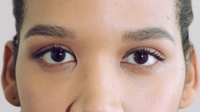 Face, mascara and beauty with eye of woman for makeup, cosmetics and self care closeup. Cosmetology, microblading and eyelash extensions with person for vision, aesthetic and salon treatment