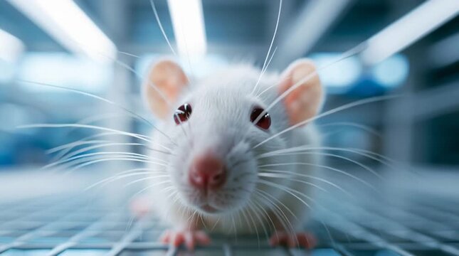 Close-up of a white laboratory mouse in a research facility, highlighting biomedical testing, scientific studies and experimental medicine