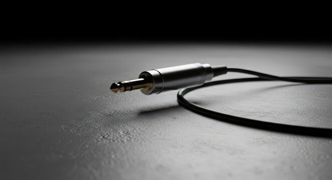 Close-up of a professional audio microphone cable with a metallic jack connector, ready for sound production and recording.