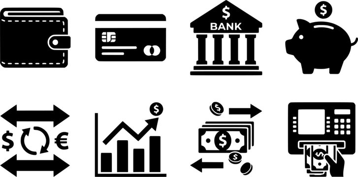 Money and Banking Solid Glyph Icons Set - Finance Investment Credit Card Bank Building and Mobile Wallet UI Vector Template