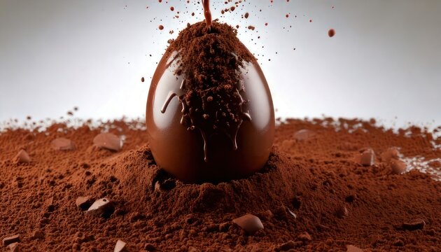 Chocolate egg being covered in cocoa powder in a studio setting.