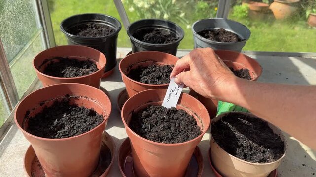 Human hand inserting a label into a collection of pots of runner beans seeds in compost in a greenhouse