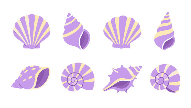 Set of purple seashell and spiral shell vector stickers