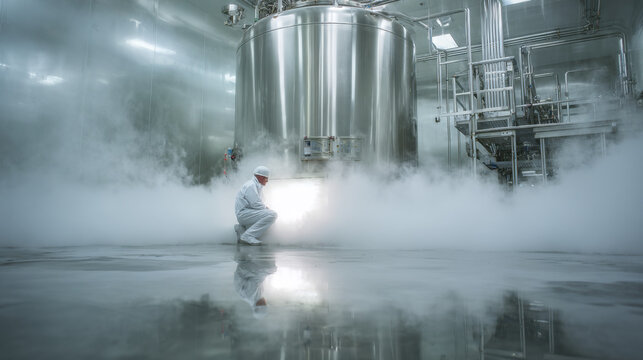 Industrial food factory worker in white protective gear walking through a cold room filled with heavy fog and steam near large stainless steel tanks for production and manufacturing