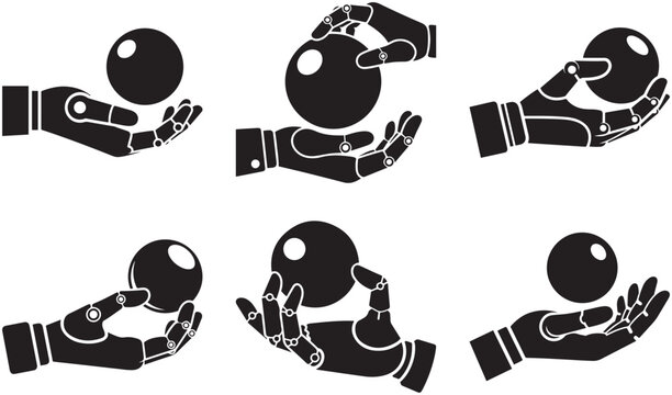 Robotic hands holding spheres with artificial intelligence and automation concept, futuristic mechanical arms presenting digital objects isolated on black background
