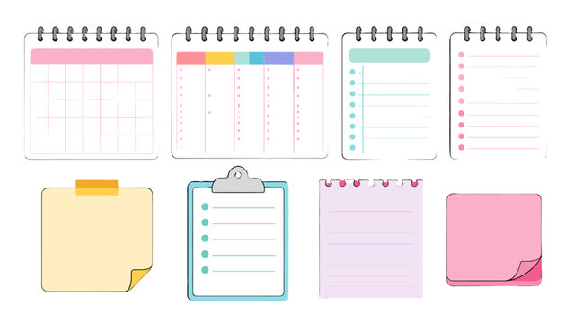 Set of pastel notepads, checklist pages and sticky notes