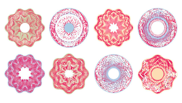 Set of pink guilloche rosette security seal vector elements