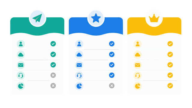 Three tiered subscription pricing plan cards with feature icons