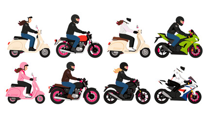 Set of women riding scooters and motorcycles in side view © icon_art