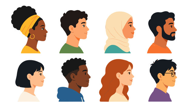 Diverse group of people shown in side profile vector portraits