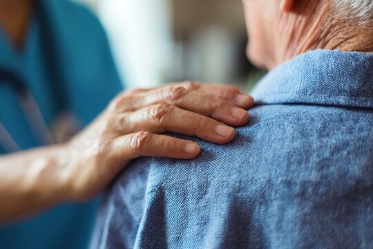 Nurse placing hand on shoulder of elderly patient as sign of support and care in hospital
