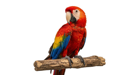 Vibrant scarlet macaw perched on a weathered wooden branch against a clean white background © Sapphire