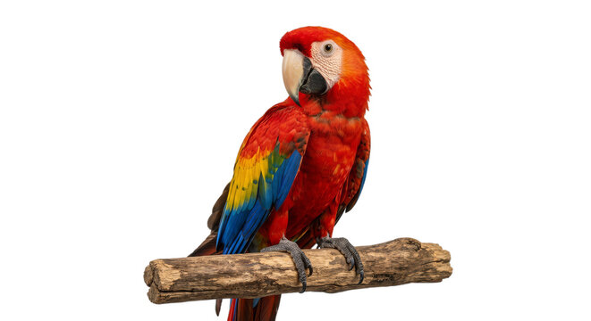 Vibrant scarlet macaw perched on a weathered wooden branch against a clean white background