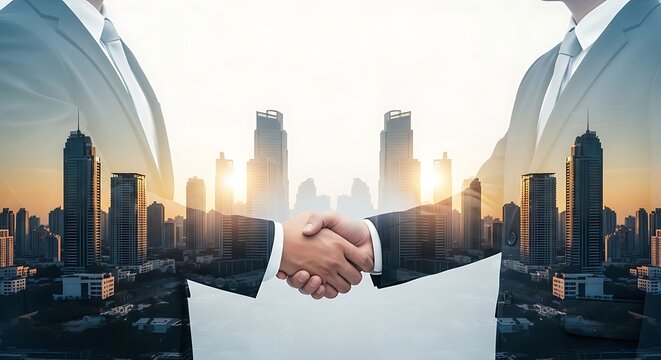 Business partnership agreement handshake with city skyline success concept