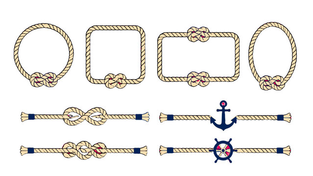 Nautical rope frames and dividers with knots and marine symbols
