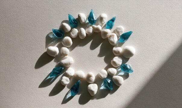 Blue and white stones arranged in a circle on gray surface