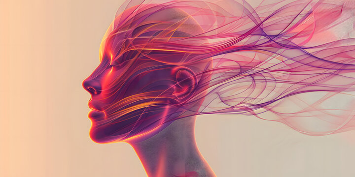 Vibrant abstract light streams flow from a woman's head in profile.