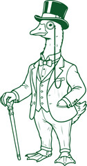 Fototapeta premium Gentleman duck in suit top hat monocle cane sophisticated bird character vector art.