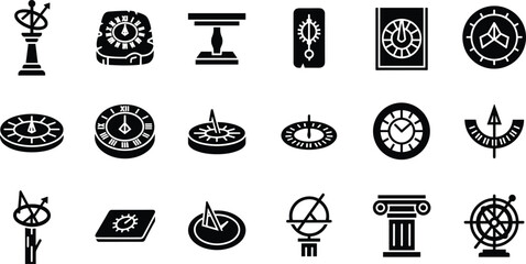 Sundial and Ancient Timekeeping Icons Collection with Astronomical Instruments Historical Clock Vector Set © MdMamunur