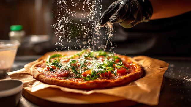 Fresh gourmet pizza with falling parmesan and herbs, chef hand seasoning baked Italian pizza, warm pizzeria kitchen, crispy crust, restaurant food photography, artisan cooking and