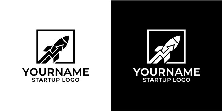 Startup logo design with rocket symbol.