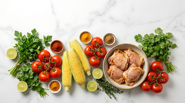 Overhead view of fresh raw chicken, tomatoes, corn, and herbs with spices on marble. Perfect for preparing a healthy and flavorful homemade meal