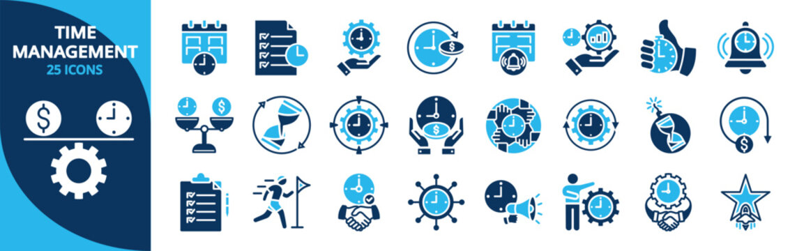 Time management glyph icon set. Contain planning, schedule, deadline, workflow, efficiency, calendar, growth, target, checklist, timer, goal, reminder, hourglass