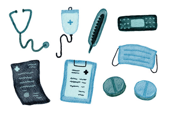 Watercolor Medical Equipment and Healthcare Elements Set