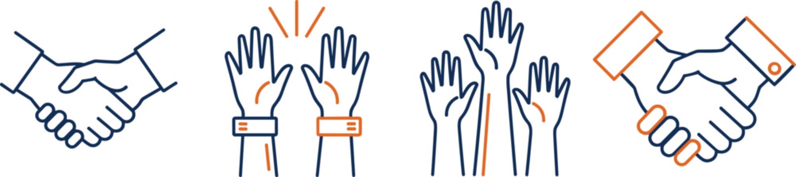 Teamwork icons with handshake high‑five and raised hands designs, decorative artwork vector illustration element for cooperation, unity, and collaboration design