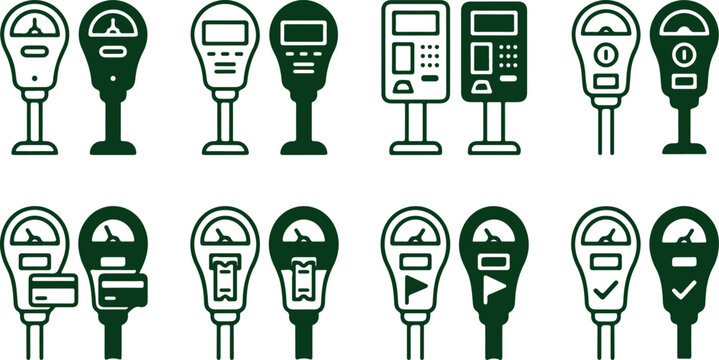 Set of parking meter icons depicting payment options and status indicators.