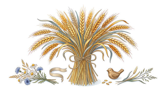 Golden wheat bundle with flowers.