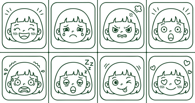 Cute anime girl face expressions outline diverse emotions happy sad angry surprised joyful.