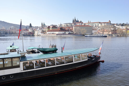 Prague, Czechia. June 6, 2026. View of Vltava river with boats in Prague