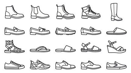 Obraz premium Diverse Footwear Collection: Boots, Loafers, Sandals, Sneakers, and More