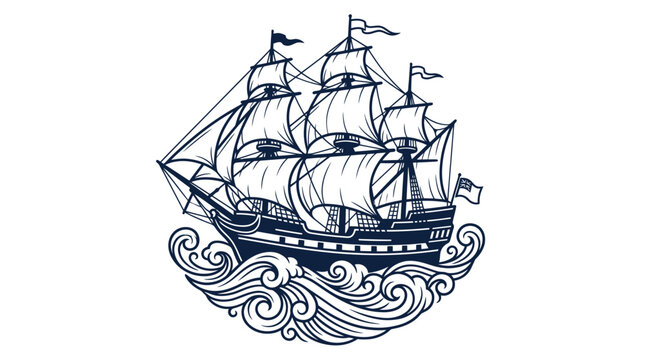 Vintage Tall Ship Sailing on Wavy Ocean, Nautical Illustration
