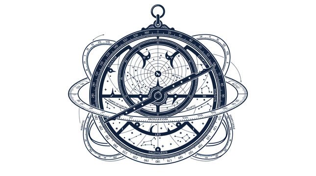 Astrolabe Navigational Instrument with Celestial Chart and Constellations