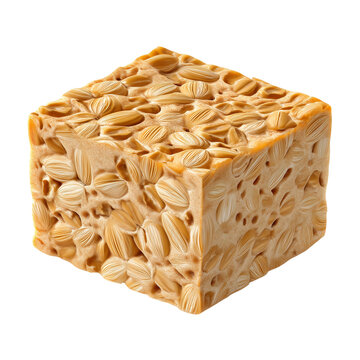 A cube of tempeh made from fermented soybeans isolated on transparent background
