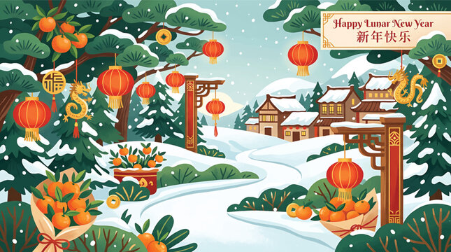 Chinese New Year Winter Village Scene.