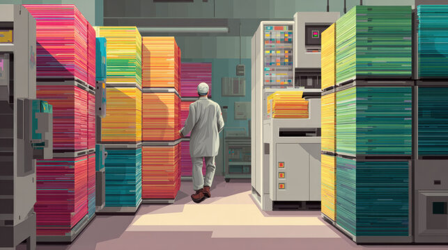 A technician walking through a retro server room with colorful mainframe computer cabinets and vintage hardware technology in a pixel art style digital illustration