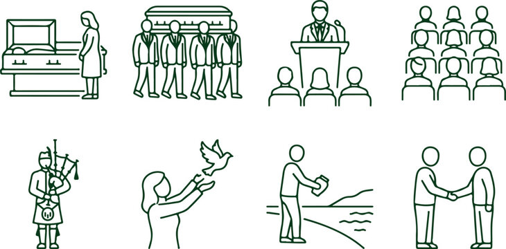 Funeral line art icons funeral procession pallbearers speaker grief peace and comfort at ceremony vector set.