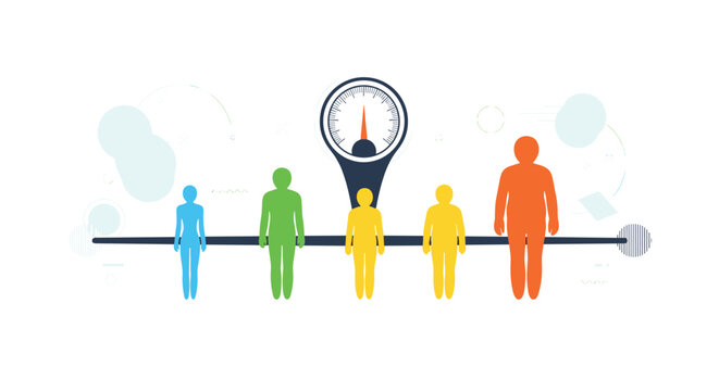 Horizontal scale infographic featuring several human silhouettes of different body types and sizes for health studies.