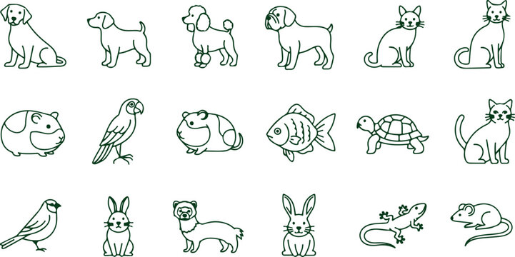 Group of dark green line art illustrations of various domestic pets and small animals.