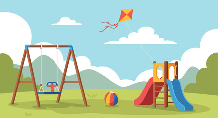 Colorful playground with swing set, slide, and a kite flying in the sky.