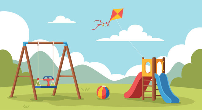 Colorful playground with swing set, slide, and a kite flying in the sky.