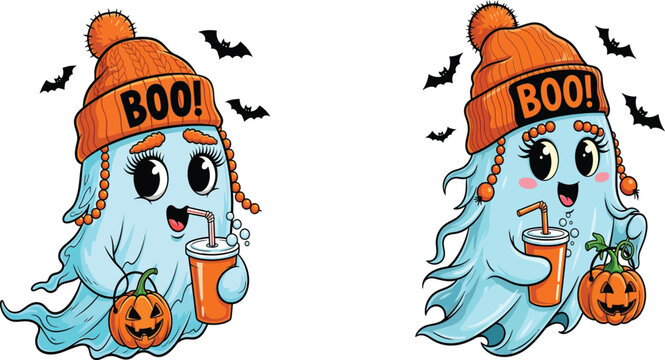 Cute ghost character wearing orange beanie drinking beverage with halloween celebration illustration character seasonal cheerful beverage