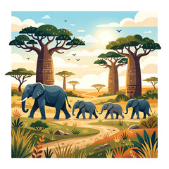 Elephant family walking in savannah landscape. © Yupi